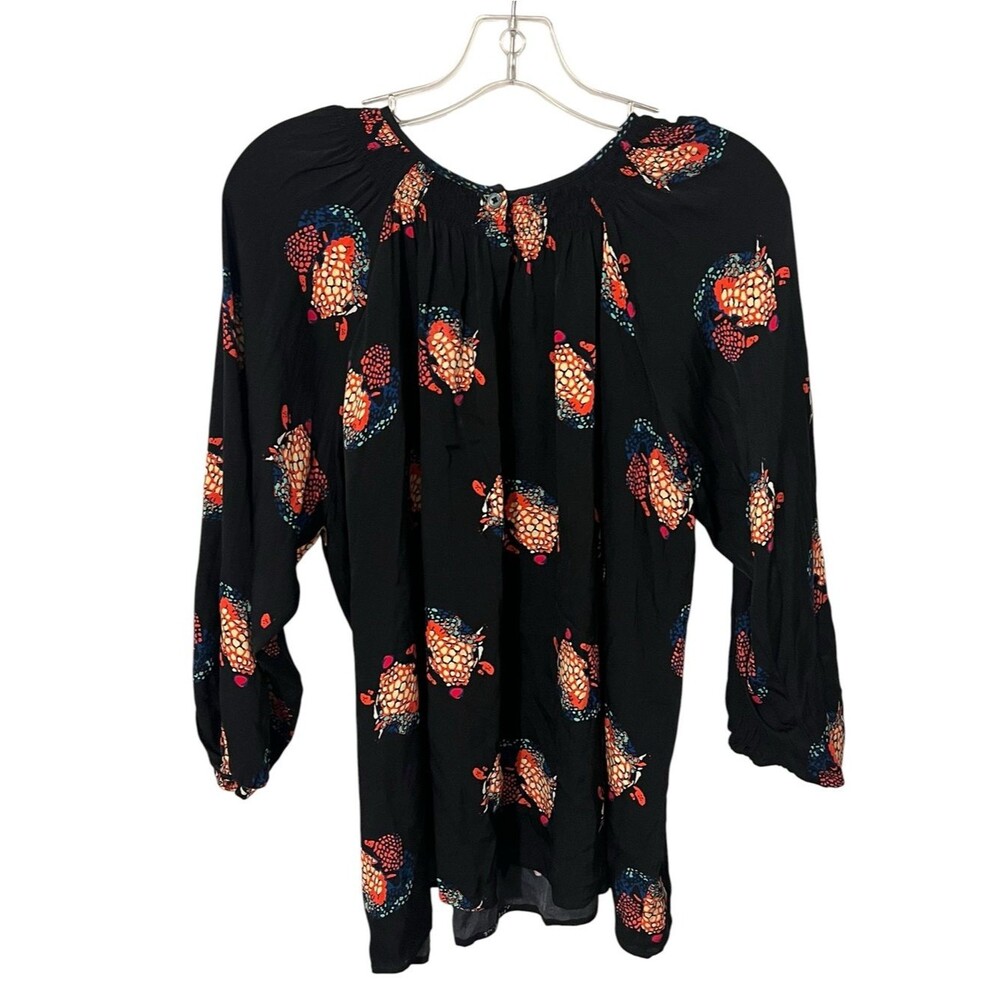 Tucker Silk Peasant Blouse Black Abstract Floral Balloon Sleeve Top Large